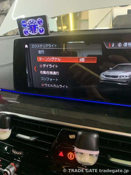 BMW 5シリーズ G30の車内モニター。デイライトの設定項目を確認している様子。