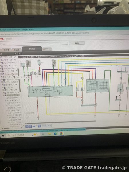 パソコン画面に表示された車両の配線図